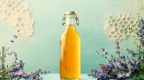 Kombucha in a glass bottle with a metal cap, isolated on a pastel background with decorative honeycomb and lavender flowers photo