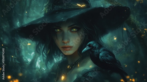 A mysterious witch in the forest, wearing a black hat with a raven perched on her shoulder, surrounded by an eerie magical atmosphere.