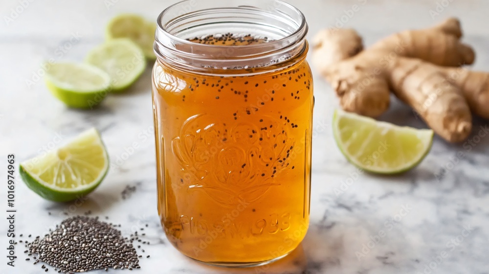 Sparkling kombucha in a mason jar with chia seeds, isolated on a white marble surface with ginger root and lime wedges Sparkling kombucha in a mason jar with chia seeds, isolated on a white marble surface with ginger root and lime wedges