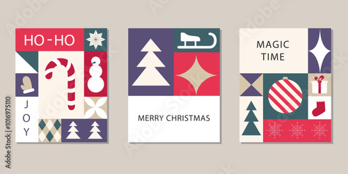Holidays geometric artistic templates set. New year and Christmas ornament, backgrounds, ornate, card, floral frames and copy space. For universal use.