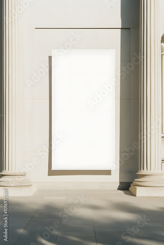 Empty Vertical Rectangle White Banner Mockup Hanging from Building | Blank Advertising Space for Custom Branding and Outdoor Display