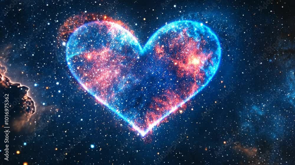A heart-shaped nebula shines brightly in the night sky, surrounded by millions of stars A heart-shaped nebula shines brightly in the night sky, surrounded by millions of stars