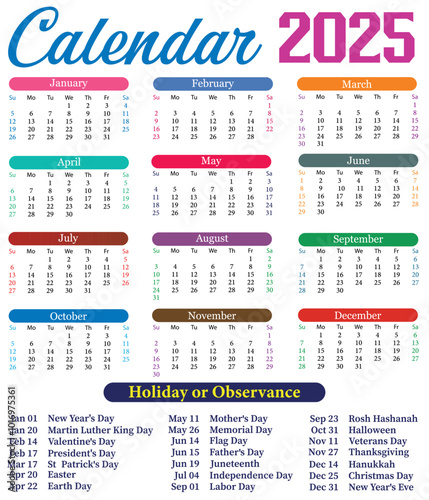 Colorful Calendar 2025. Monthly Calendar. Daily Planner. 2025 yearly wall Calendar. Calendar dates planning.