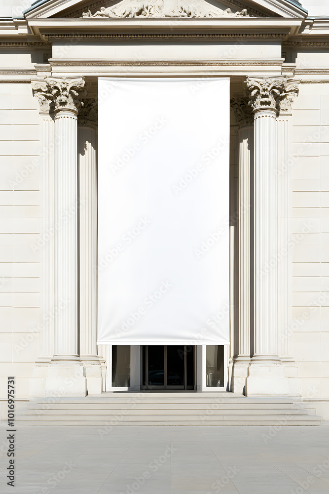 Fototapeta premium Empty Vertical Rectangle White Banner Mockup Hanging from Building | Blank Advertising Space for Custom Branding and Outdoor Display