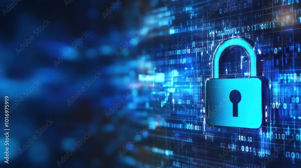A digital padlock symbolizing cybersecurity amidst flowing data streams.