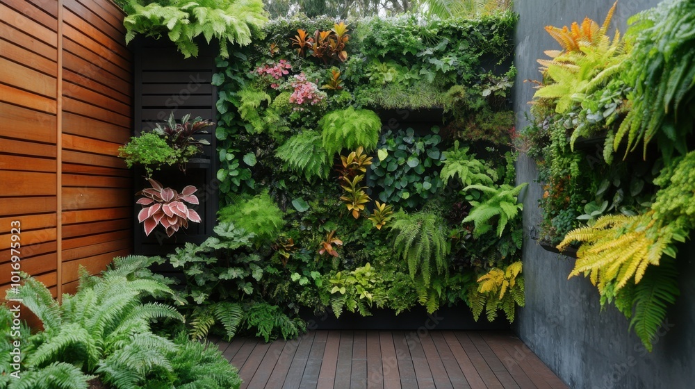 A stylish urban veranda with a vertical hanging garden, filled with ferns, succulents, and flowering plants.