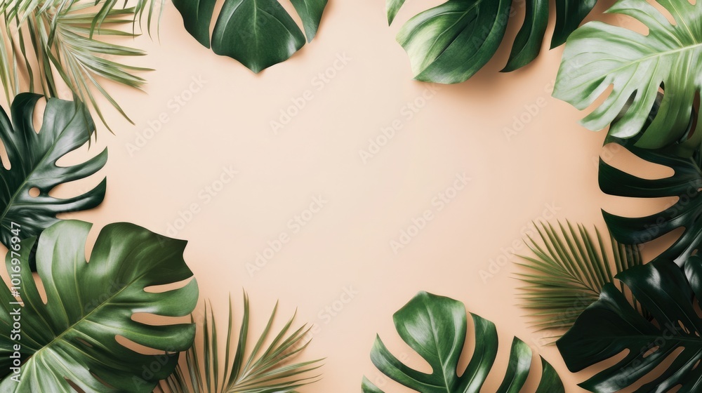 Diamond Monstera Frame. Exotic Foliage Design with Beige Background and Copy Space Diamond Monstera Frame. Exotic Foliage Design with Beige Background and Copy Space