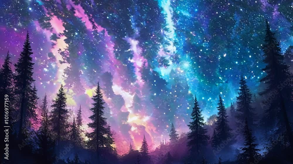 A beautiful purple sky with a few trees in the background. The sky is filled with stars and clouds A beautiful purple sky with a few trees in the background. The sky is filled with stars and clouds