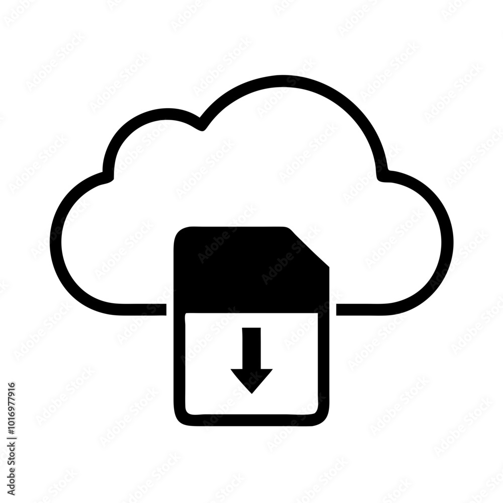 Cloud storage symbol with a downward arrow indicating download, minimalist design, black and white