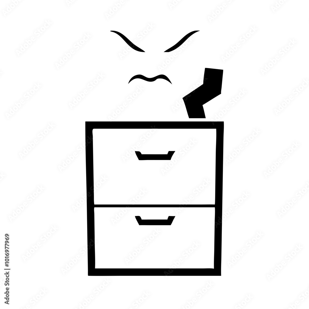 Angry filing cabinet with a phone receiver, expressing frustration in a minimalist design, black and white Angry filing cabinet with a phone receiver, expressing frustration in a minimalist design, black and white