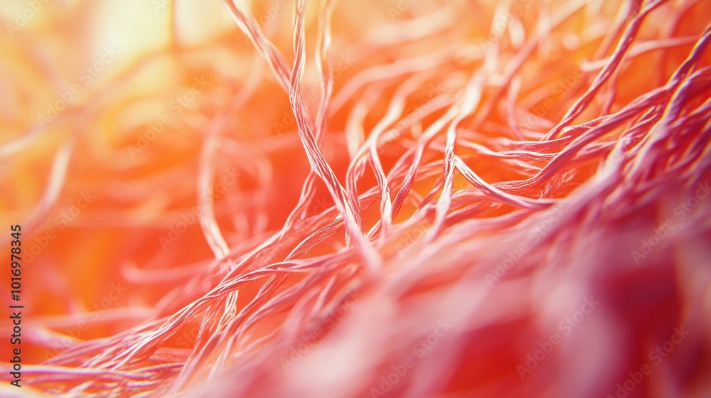 collagen fibers in human tissue, detailed fibrous composition, elastic and strong, organic texture, microscopic biological structure, realistic medical illustration