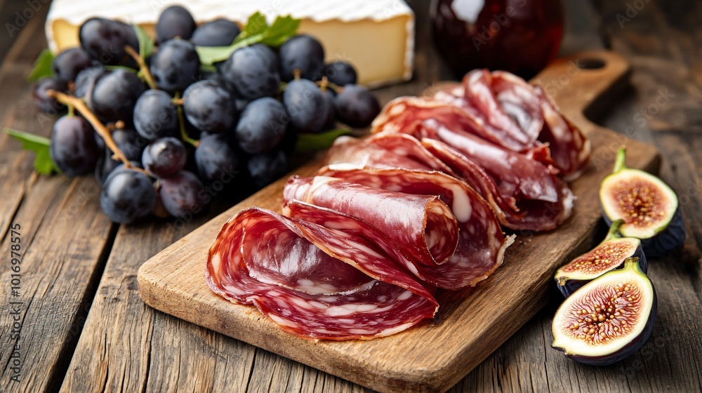 Rolled Spanish jamon slices, isolated on a wooden board with decorative grapes, manchego cheese, and fresh figs Rolled Spanish jamon slices, isolated on a wooden board with decorative grapes, manchego cheese, and fresh figs