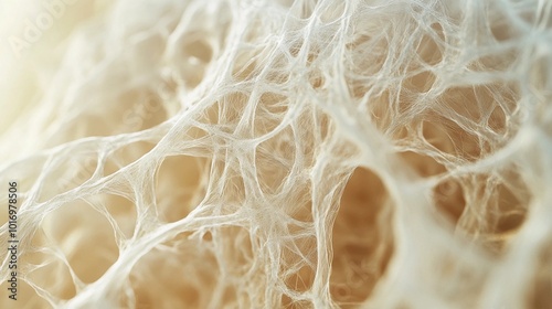 close-up of collagen fibers, detailed microscopic view of fibrous protein structure, intricate network, dense and elastic, smooth texture, biological material