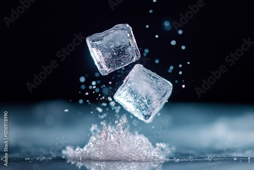 Ice cubes splashing into clear water creating beautiful droplets in a dynamic freeze-motion setting