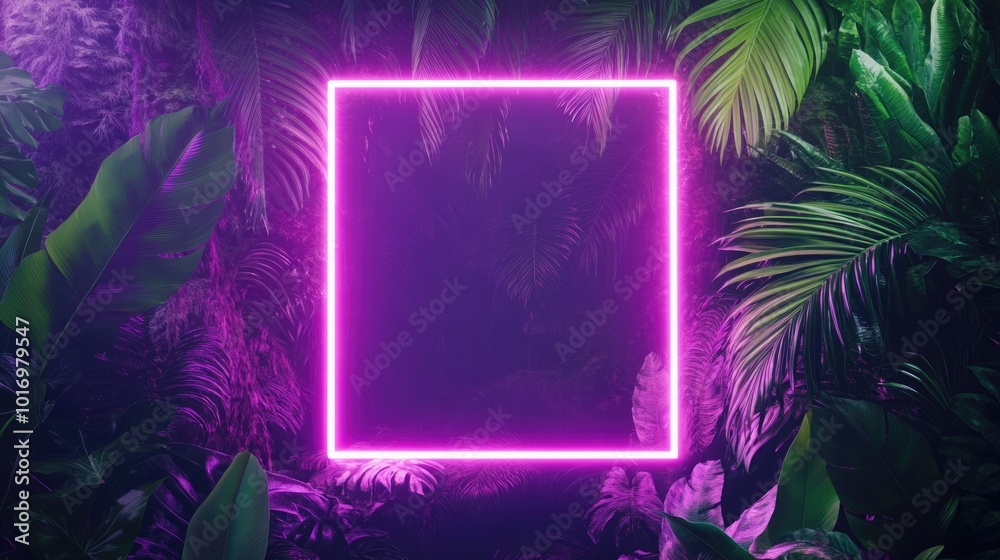 Naklejka premium Modern Cyber Jungle: Neon Fluorescent Frame with Tropical Leaves in Vibrant Purple and Green