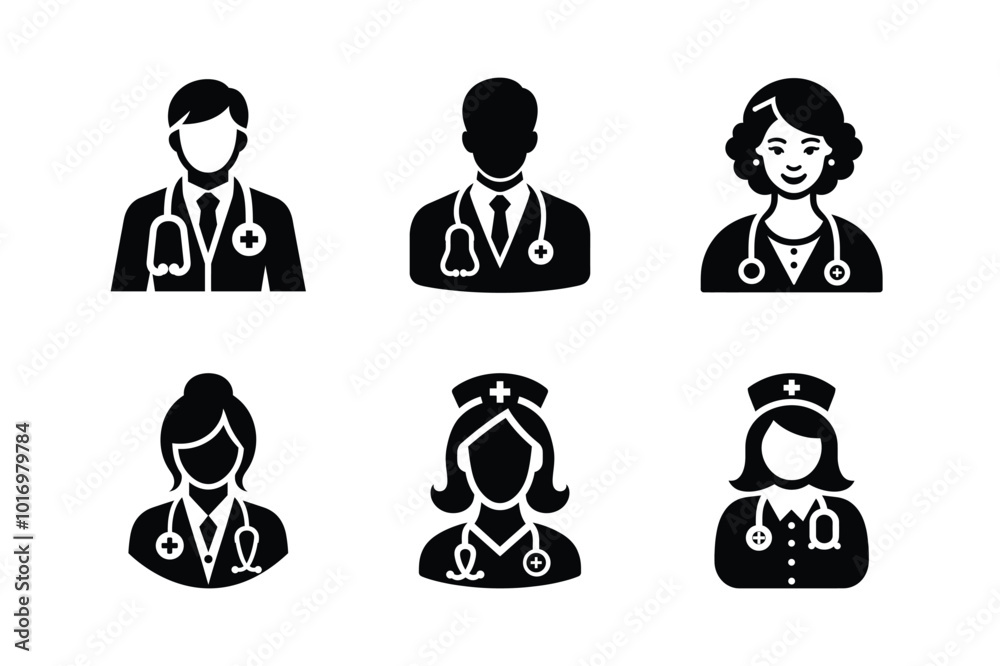 Healers in Silhouette Doctor And Nurse Icons. Healers in Silhouette Doctor And Nurse Icons.
