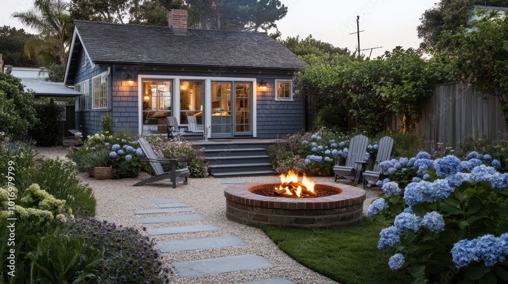 Obraz premium Charming Cape Cod style beach cottage with hydrangea-lined walkways, weathered shingles, and a cozy fire pit for coastal evenings.