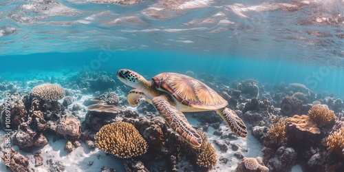 Graceful Sea Turtle in Motion Swimming Over a Vibrant Coral Reef | Stunning Underwater Photography | Marine Wildlife in Natural Habitat | Sea Turtle Gliding Over Colorful Coral | Ocean Wildlife Scene