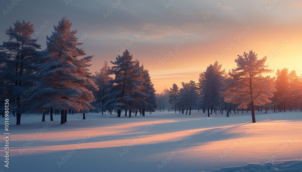 Naklejka premium Winter Wonderland at Dawn with Sunlight. Snow-Covered Trees in Winter Sunrise. Frosty Landscape with Morning Sun