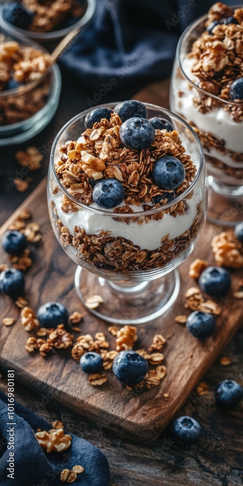 Nutritious Blueberry Walnut Granola Yogurt Mix on Wooden Cutting Board Nutritious Blueberry Walnut Granola Yogurt Mix on Wooden Cutting Board