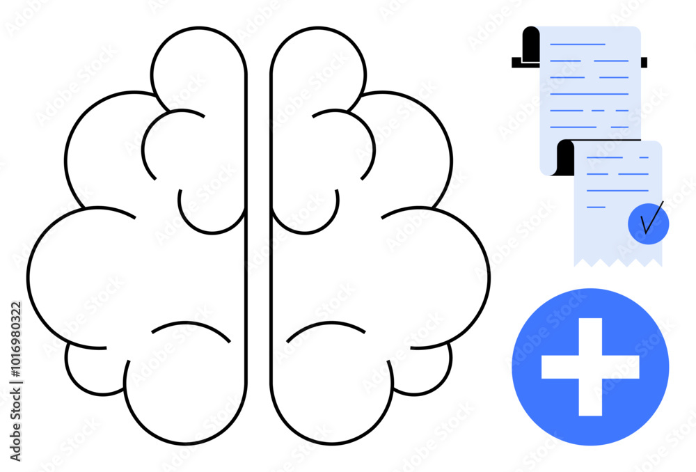 Brain in line art with medical document and positive sign Ideal for mental health, awareness medical documentation healthcare settings cognitive research and wellness programs Clean modern vector Brain in line art with medical document and positive sign Ideal for mental health, awareness medical documentation healthcare settings cognitive research and wellness programs Clean modern vector