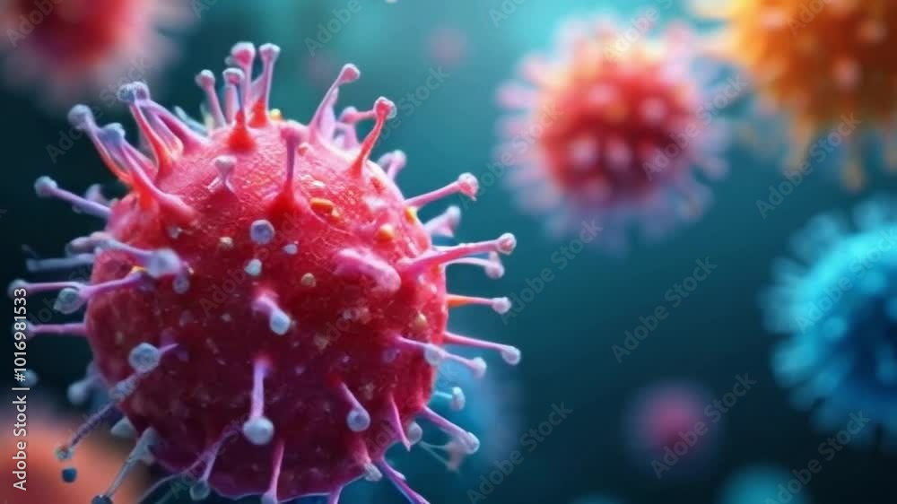 Detailed microscopic image of a virus with a spherical structure and surface spikes. It represents the study of pathogens, microbiology and advanced virology in scientific research. Detailed microscopic image of a virus with a spherical structure and surface spikes. It represents the study of pathogens, microbiology and advanced virology in scientific research.