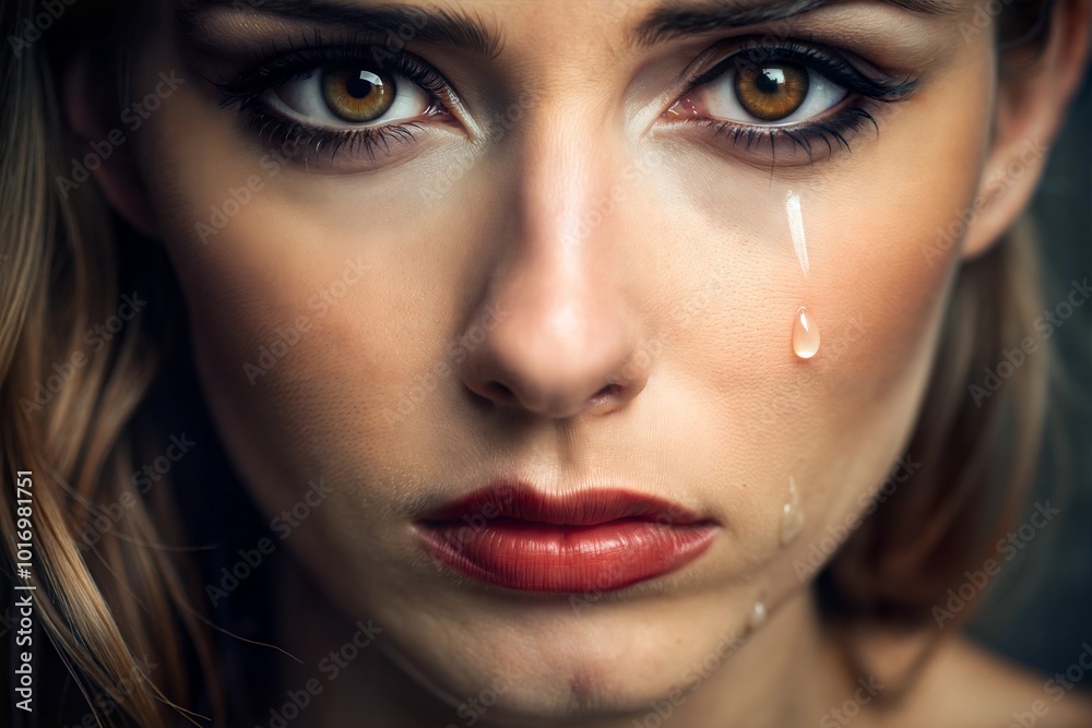 Close-up portrait of woman crying with tear Close-up portrait of woman crying with tear
