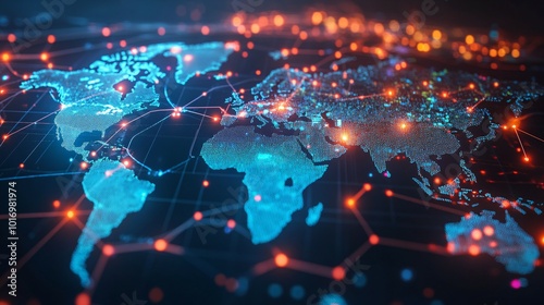 Digital World Map with Interconnected Nodes and Data Flow