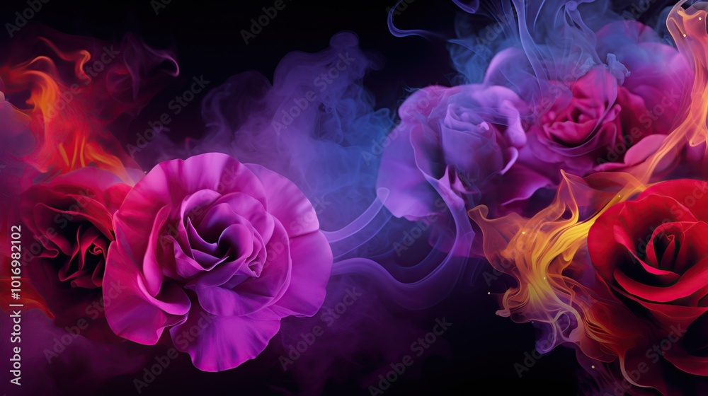 Abstract colorful rose flowers in vibrant smoke. Artistic background, floral design, nature, beauty, love Abstract colorful rose flowers in vibrant smoke. Artistic background, floral design, nature, beauty, love