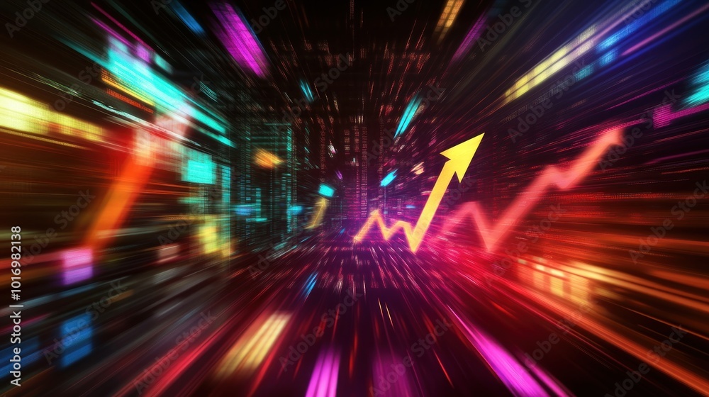 Abstract representation of upward market trends with vibrant colors and dynamic lines. Abstract representation of upward market trends with vibrant colors and dynamic lines.