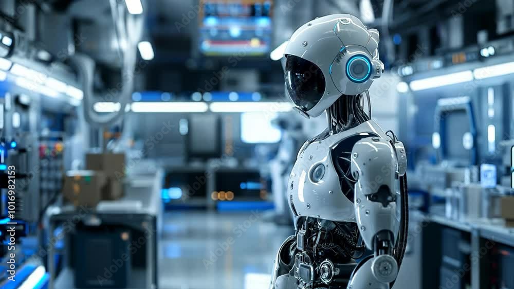 robot standing at robotic laboratory with science tools with copy space robot standing at robotic laboratory with science tools with copy space