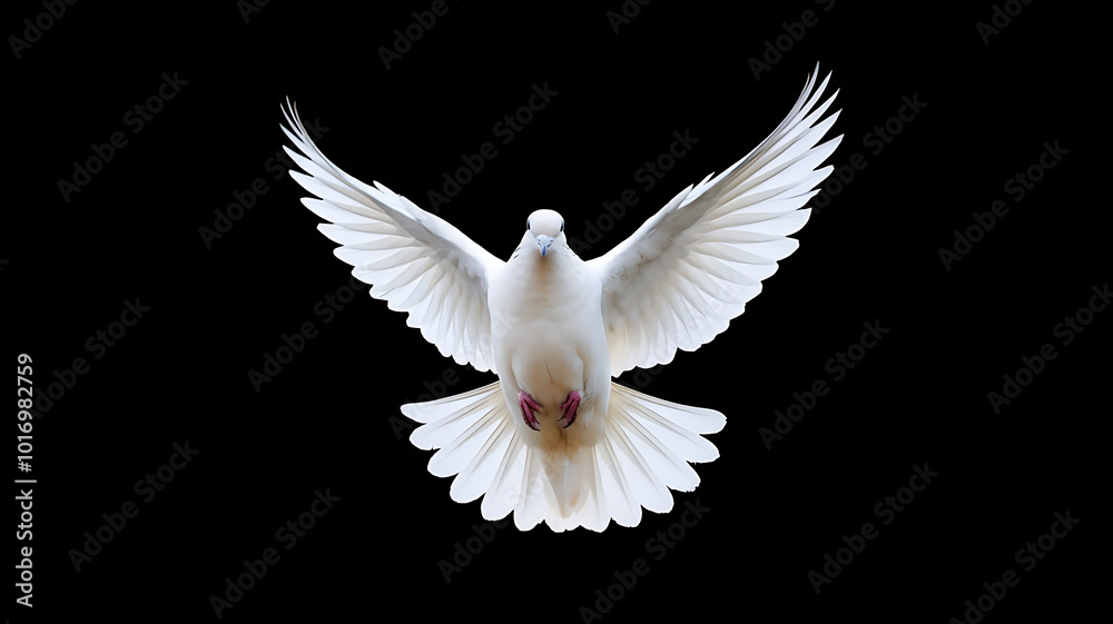 Fototapeta premium White Dove is flying in isolated on a black background. 