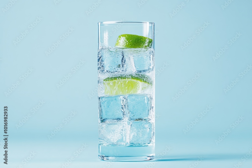 Refreshing drink with ice and lime served in a tall glass against a light blue backdrop on a sunny day Refreshing drink with ice and lime served in a tall glass against a light blue backdrop on a sunny day
