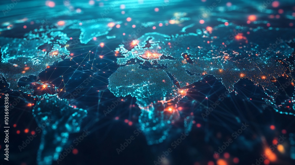 A Digital Representation of the Earth with Interconnected Nodes and Glowing Lights A Digital Representation of the Earth with Interconnected Nodes and Glowing Lights