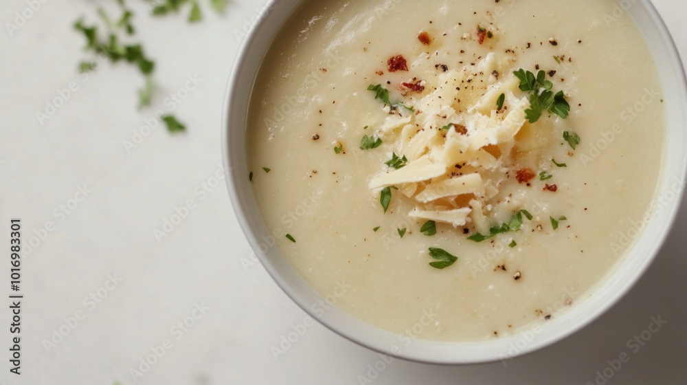Creamy Soup with Herbs and Toppings in White Bowl Creamy Soup with Herbs and Toppings in White Bowl