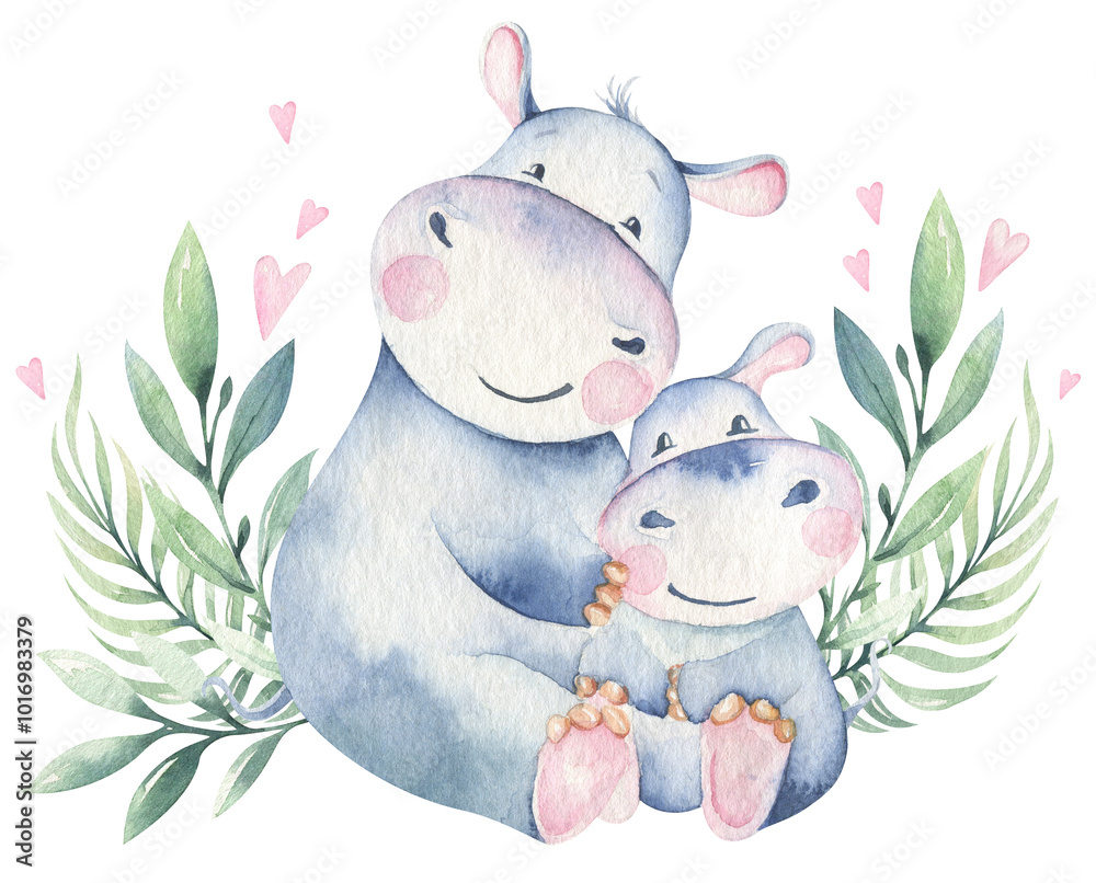 Fototapeta premium Hand drawn cute isolated tropical summer watercolor hippo animals. hippopotamus baby and mother cartoon animal illustrations, jungle tree, brazil trendy design. Aloha collection.