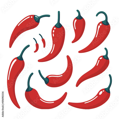 Set of a red chili pepper with a green stem