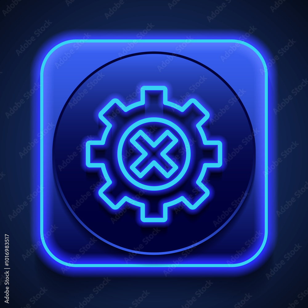 Gear vector simple icon. Flat design. Blue neon style on button. With shadow Gear vector simple icon. Flat design. Blue neon style on button. With shadow