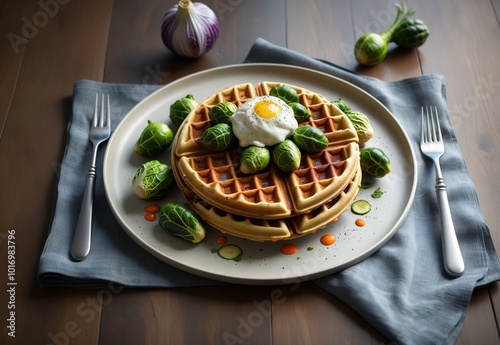 vegetable Viennese waffles with vegetables, brussel sprouts, carrots, in a plate with a sprig of basil and a fried egg