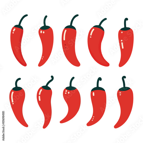 Set of a red chili pepper with a green stem