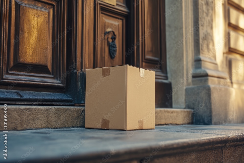 Parcel Delivery Box on Doorstep. Mockup for Logistic Advertisement in Top View Parcel Delivery Box on Doorstep. Mockup for Logistic Advertisement in Top View