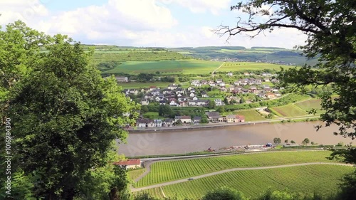 View from high above Moselle River onto vineyards in Grevenmacher (Luxembourg) and  the town of Wellen (Germany) photo