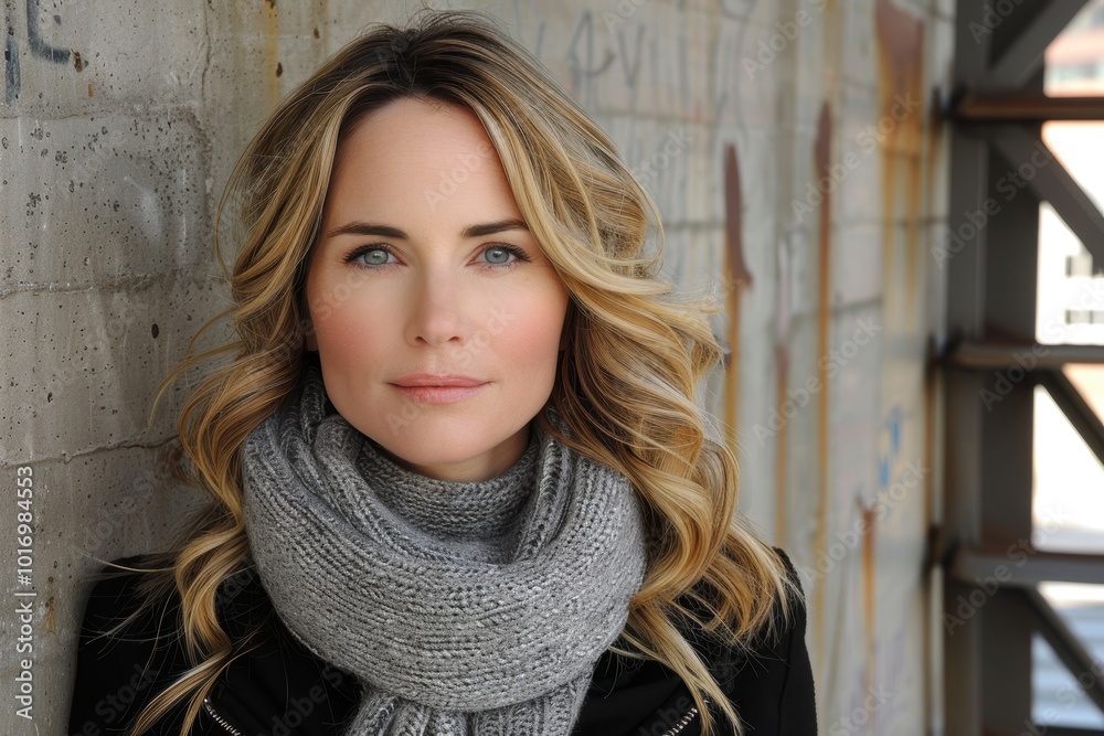 A young woman with long blonde hair wearing a grey knitted scarf and black coat posing against a textured concrete wall in an urban setting A young woman with long blonde hair wearing a grey knitted scarf and black coat posing against a textured concrete wall in an urban setting