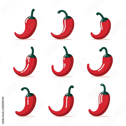 Set of a red chili pepper with a green stem