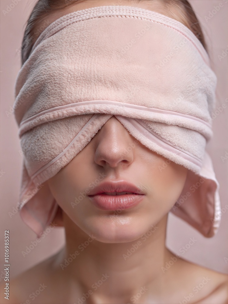 Woman with a towel blindfold over her eyes relaxing at home, demonstrating a self-care moment in a cozy environment. Generative AI Woman with a towel blindfold over her eyes relaxing at home, demonstrating a self-care moment in a cozy environment. Generative AI