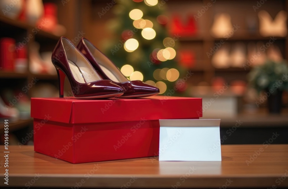 Elegant stiletto heels in a shoe box with a blank card at a shoe store Elegant stiletto heels in a shoe box with a blank card at a shoe store