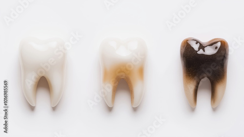 Tooth color progression showing healthy to decayed stages, dental health, tooth care, oral hygiene, dentistry health awareness concept photo