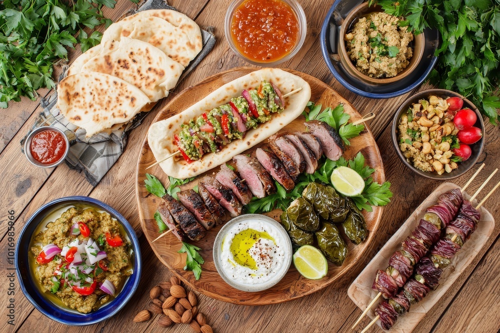 © typepng - Overhead view of grilled lamb kebabs, chicken skewers with roasted vegetables and a variety of appetizers served on a wooden outdoor table in a traditional Middle Eastern, Arab or Mediterranean