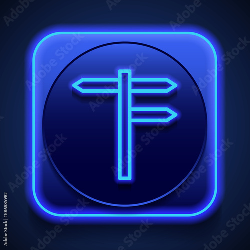 Direction road simple icon. Flat design. Blue neon style on button. With shadow