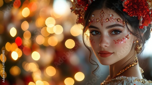 A young woman adorned with traditional attire and intricate facial decorations stands gracefully in front of a beautifully illuminated backdrop